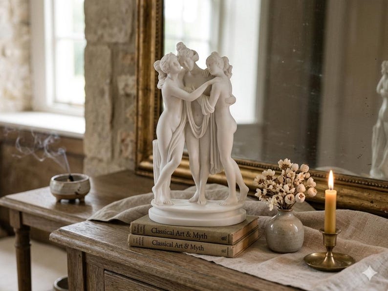 Puede incluir: Una escultura de m&aacute;rmol blanco de tres figuras abraz&aacute;ndose, colocada sobre una mesa de madera con libros, un jarr&oacute;n con flores y una vela encendida. La escultura es el punto focal, con un espejo en el fondo.