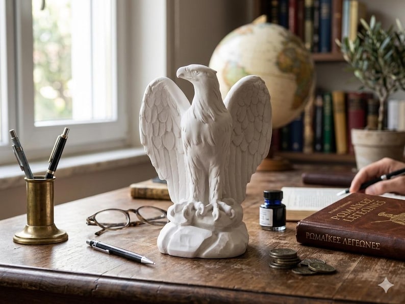 Op de afbeelding: Een witte adelaar sculptuur met uitgespreide vleugels staat op een houten bureau. Op het bureau staan ook een wereldbol, boeken en pennen. De adelaar is een symbool van kracht en vrijheid.