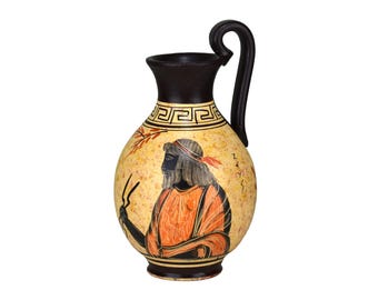 古代ギリシャのオルペ（17cm）、赤像式陶器、ゼウス神とガニュメデスを