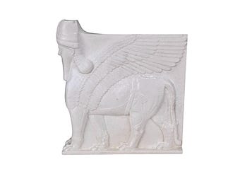 lamassu guardian Winged bull with a human head  figure Louvre mesopotamian relief sculpture statue plaster