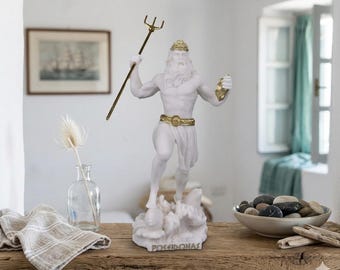 Poseidon Statue 23 cm, griechischer Gott der Meere Skulptur, Marmorfigur Neptun, Altgriechische Mythologie Dekor, Dekoration, Geschenk