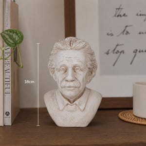May include: A white, textured bust sculpture of Albert Einstein featuring detailed facial features, hair, and a collared shirt. A vertical line graphic next to the bust indicates a height of 18 cm. The sculpture has a matte, weathered finish.