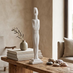 Kykladisk idolfigur 23", stor gjuten marmorstaty, minimalistisk skulptur från antikens Grekland, modern heminredning, kykladisk konstgåva
