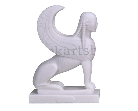 Statue Sphinx Femme – Tête De Lion, Mythologie Grecque, Albâtre, 6.9 Pouces, Faite Main