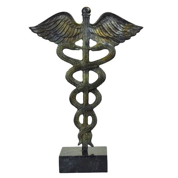 Caducée symbole du dieu Hermès Mercure avec serpents Sculpture d'art en métal bronze véritable faite à la main en Grèce