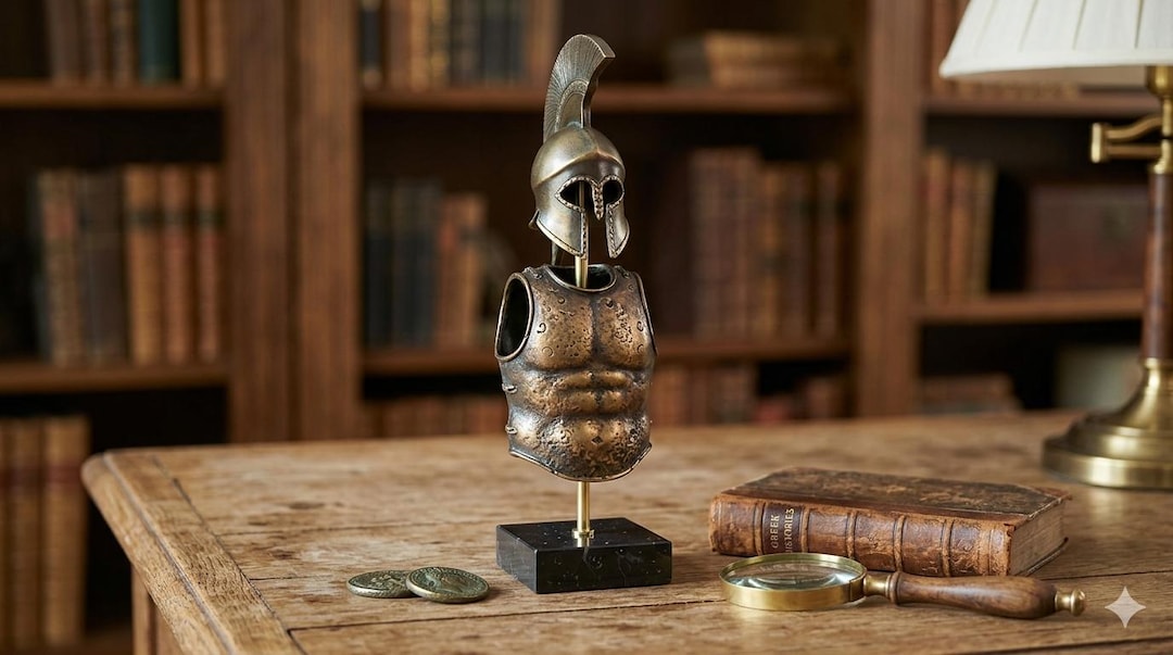 古代ギリシャ風戦士の金属製装飾品 古代ギリシャの戦士の鎧と兜の像、本物のブロンズ製彫刻、スパルタ風