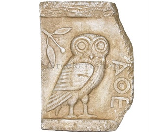 Owl of Athena Minerva small plaque relief cast stone decor sculpture symbol of knowledge and wisdom