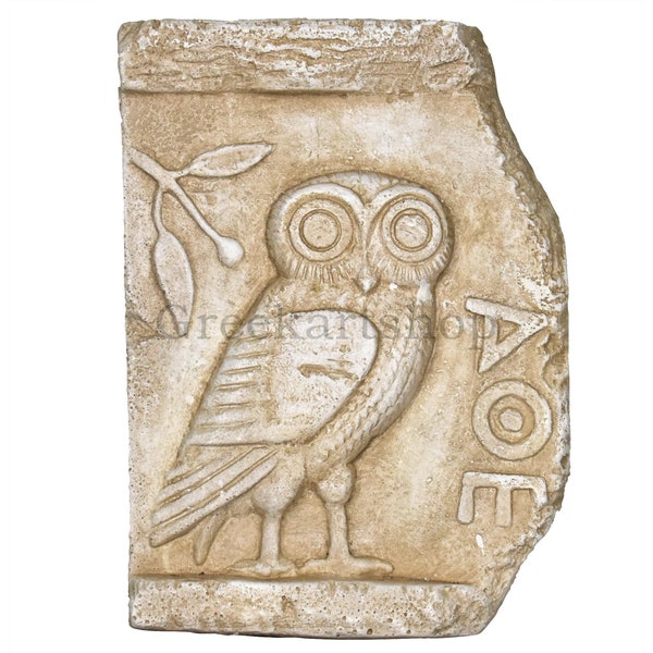 Owl of Athena Minerva small plaque relief cast stone decor sculpture symbol of knowledge and wisdom