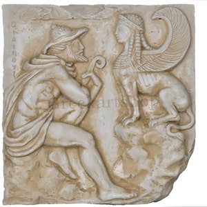 Oedipus and the Sphinx plaque relief wall decor sculpture cast stone greek mythology