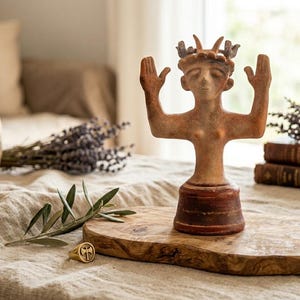 Op de afbeelding: Een terracotta-kleurige beeld van een figuur met opgeheven armen, met een kroon. Het beeld staat op een houten oppervlak, met een gouden ring en een vaas met lavendel op de achtergrond. Het beeld is ongeveer 15 cm hoog.