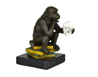 philisophizing darwin monkey with skull Real Bronze Metal art sculpture statue