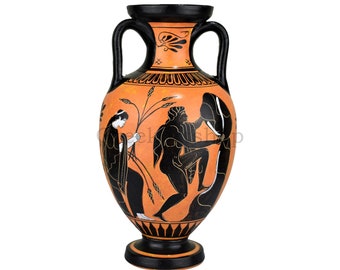 May include: Black and white painted design on an orange amphora vase. The design depicts a woman holding a stalk of wheat and a man reaching for a tree branch.