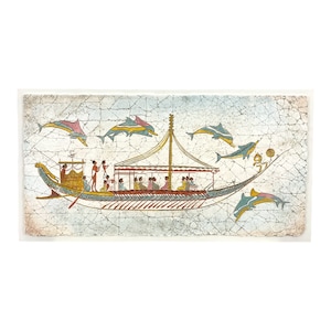 May include: A painting depicting a large boat with a canopy and many people on board. The boat is surrounded by dolphins, and the background is a light blue sky with white clouds.