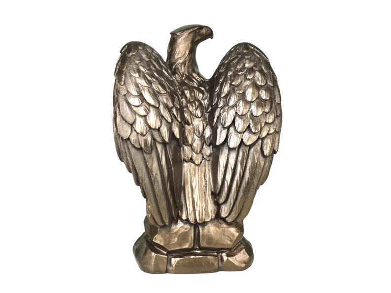 Pode incluir: Uma est&aacute;tua de &aacute;guia na cor bronze sobre uma base rochosa. A &aacute;guia &eacute; representada com as asas parcialmente abertas, exibindo texturas detalhadas de penas por todo o corpo. A cabe&ccedil;a est&aacute; voltada para a direita e o acabamento &eacute; met&aacute;lico.