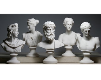 Set 5 Büste Kopf Gott Zeus Artemis Aphrodite Hermes Apollo Griechisch-römische Statue aus gegossenem Marmor