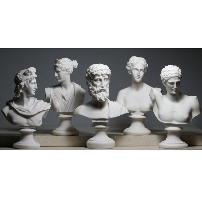 Set 5 Büste Kopf Gott Zeus Artemis Aphrodite Hermes Apollo Griechisch-römische Statue aus gegossenem Marmor Bild 1