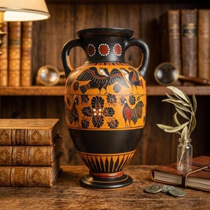 Könnte beinhalten: Eine schwarz-orangefarbene Keramik-Amphore mit zwei Henkeln und detaillierten Abbildungen von Vögeln und Blumenmotiven. Der Hals ist mit einer Reihe weißer Punkte auf einem dunklen Band verziert, während die Basis ein Blütenblattmuster zeigt.