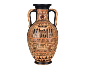 May include: A black and brown ceramic amphora with geometric patterns and a scene of figures carrying a stretcher. The amphora has two handles and a narrow neck.