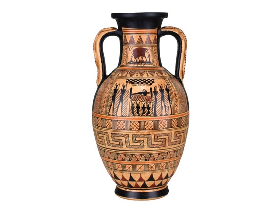古代ギリシャの陶器の花瓶アンフォラの蛇の柄の幾何学模様の芸術陶器