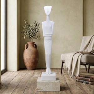 Stor kykladisk konstfigur 36,6", antik grekisk marmorstaty, minimalistisk heminredning, replika av kykladisk idolmuseum