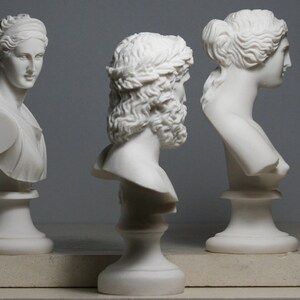 Set 5 Büste Kopf Gott Zeus Artemis Aphrodite Hermes Apollo Griechisch-römische Statue aus gegossenem Marmor Bild 7