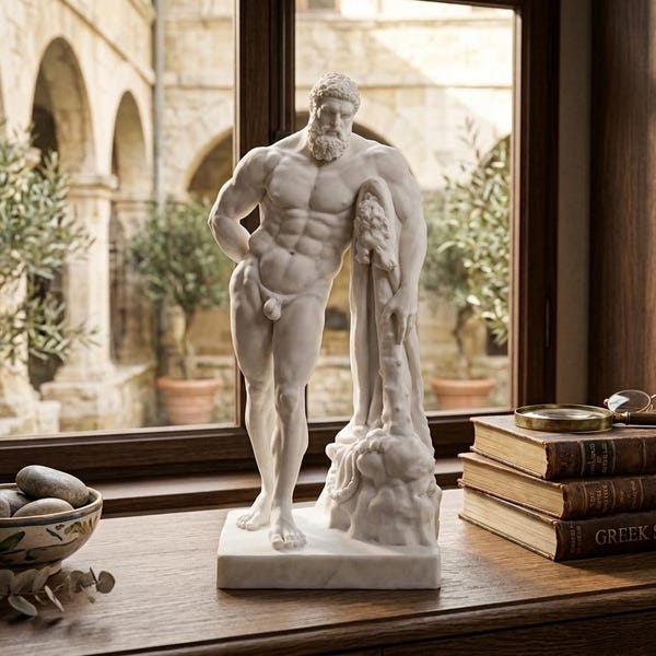 Farnese Hercules Statue 13", Weary Heracles Sculpture, Ancient Greek Museum Copy, White Cast Marble, Classical Art Decor Gym Mascot Gift