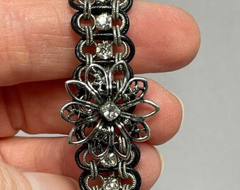 Rhinestone Chain & Black Adjustable Leather Cord Bracelet with Metal Flower