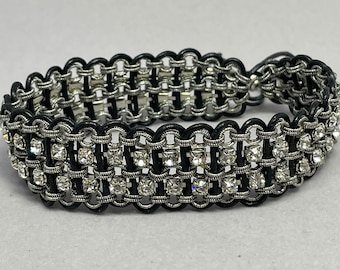 Rhinestone Chain & Black Adjustable Leather Cord Bracelet Double Wide - Cuff