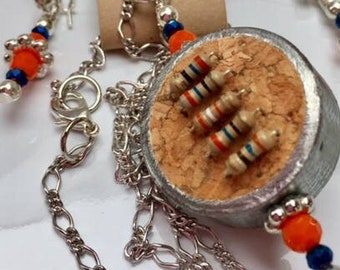 Re-purposed & Recycled! Computer Resistors, Electrical Metal Tubing Conduit, Wine Cork make this Unique Necklace and Earring Set!