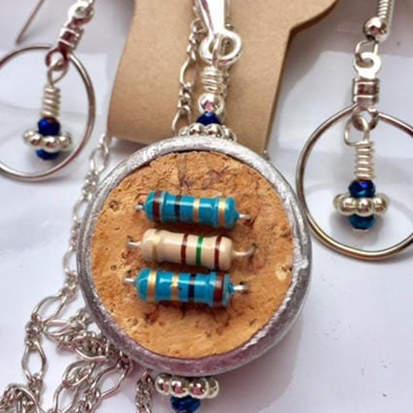 Unique Recycled Computer Resistors, Electrical Metal Tubing Conduit, Wine Cork and Czech glass make this Necklace and Earring Set!