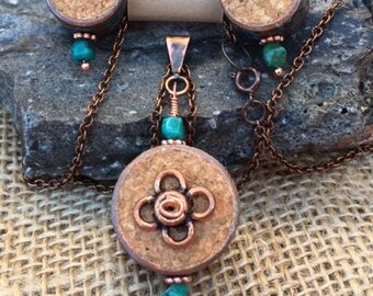 Turquoise, Copper & Cork, 2-Sided Pendant Necklace and Earring Set! Re-Purposed Wine Cork and Copper Pipe with Blue Patina Copper.