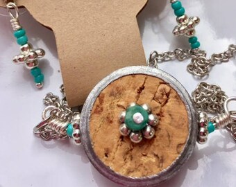 Re-purposed & Unique! Computer Resistors, Electrical Metal Tubing Conduit, Wine Cork, Turquoise make this Necklace and Earring Set!