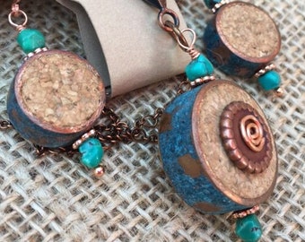 Turquoise, Copper & Cork, 2-Sided Pendant Necklace and Earring Set! Re-Purposed Wine Cork and Copper Pipe with Blue Patina Copper.