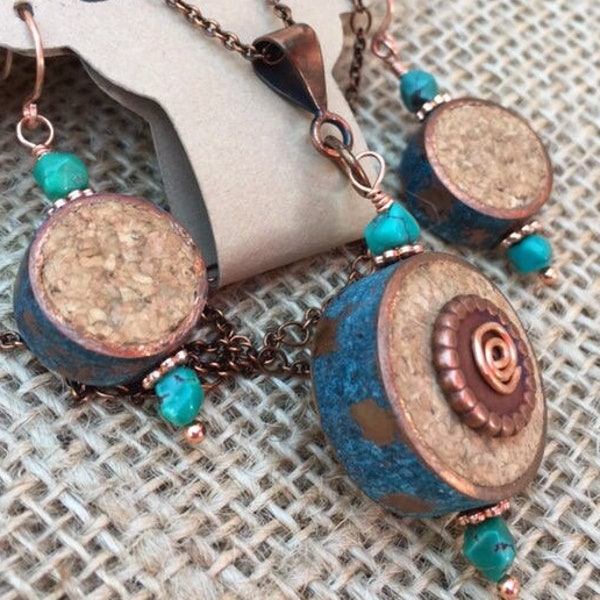 Turquoise, Copper & Cork, 2-Sided Pendant Necklace and Earring Set! Re-Purposed Wine Cork and Copper Pipe with Blue Patina Copper.