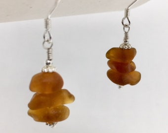 Genuine Sea Glass Drop Earrings  - Sterling Silver with Frosted Brown Sea Glass Gems!