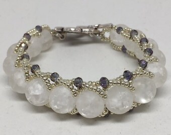 Crackle White Beaded Bracelet wrapped in Silver Seed Beads with Purple Crystals, Handmade and Beautiful!