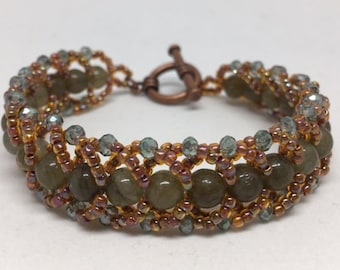 Sage Stone & Vintage Bronze and Seed Bead Bracelet with crystals, Handmade and Beautiful!