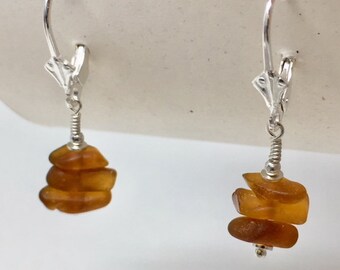 Genuine Sea Glass Drop Earrings  - Sterling Silver Lever-back earrings with Frosted Brown Sea Glass Gems!