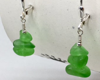 Stunning Genuine Sea Glass Drop Earrings  - Sterling Silver Lever-back Earrings with Frosted Green Sea Glass Gems!