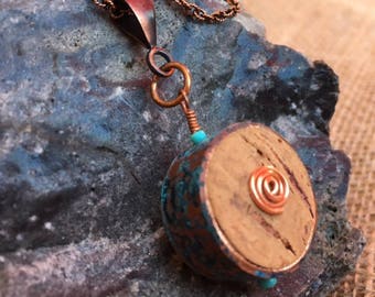 Copper & Cork, 2-Sided Pendant Necklace! Unique, Re-Purposed Wine Cork and Copper Pipe. Beautiful Blue Patina Copper. One of a kind!