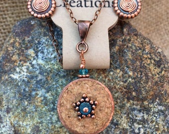 Copper & Cork, 2-Sided Pendant Necklace and Earring Set! Re-Purposed Wine Cork and Copper Pipe with Blue Patina Copper, Blue Crystal