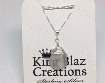 Genuine Sea Glass - White Clear, Sterling Silver necklace, wire wrapped