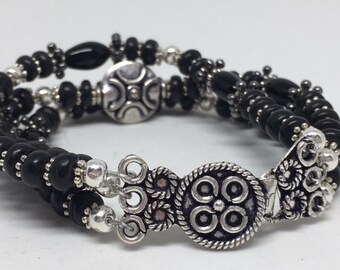 Antique Silver Bali Beads and Black Stone Beaded Triple Strand Bracelet - Handmade and Beautiful!