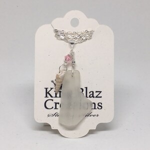 Genuine Sea Glass - Sterling Silver Beach Necklace: Large Frosted Embossed Sea Glass, Natural Ocean Shell & Pink Czech Crystal.