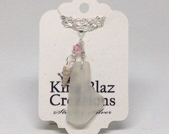 Genuine Sea Glass - Sterling Silver Beach Necklace: Large Frosted Embossed Sea Glass, Natural Ocean Shell & Pink Czech Crystal.
