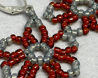 Red & Grey Beaded Woven Sterling Silver Earrings.  Beautiful and Handmade!
