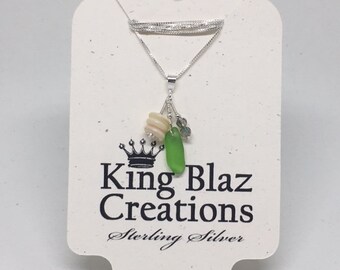 Genuine Sea Glass - Sterling Silver Beach Necklace: Frosted Green Sea Glass, Stacked Natural Ocean Disk Shells & Czech Glass Beads.