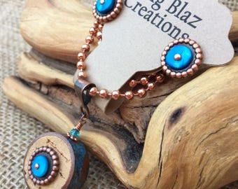Copper & Cork, 2-Sided Pendant Necklace and Earring Set! Re-Purposed Wine Cork and Copper Pipe with Blue Patina Copper, Blue Shells.