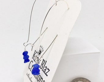 Genuine Sea Glass Hoop Drop Earrings  - Sterling Silver with Frosted Blue Sea Glass Gems!