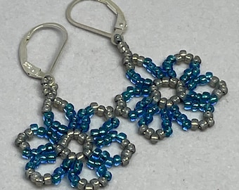 Blue & Steel Grey Beaded Woven Sterling Silver Earrings.  Beautiful and Handmade!